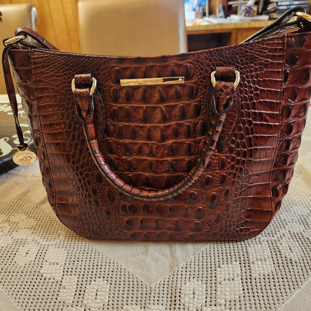 Brown Croc-Embossed Leather Tote Bag